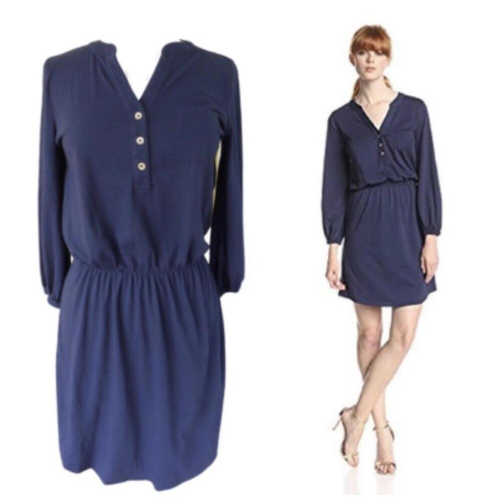 LILLY PULITZER Beckett Blouson Jersey Dress Navy Blue Solid Small Long Sleeve